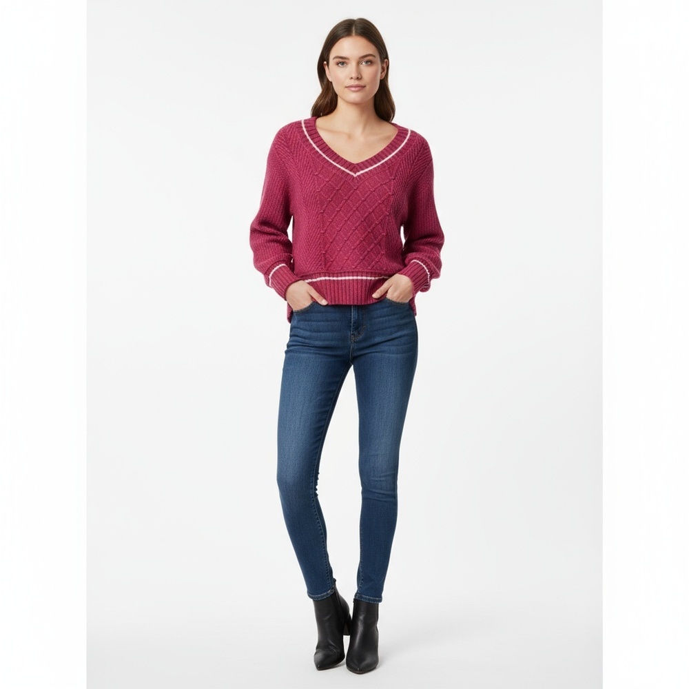 Maeve Anthropologie Pink Cable Knit V-Neck Long Sleeve Pullover Sweater Size S